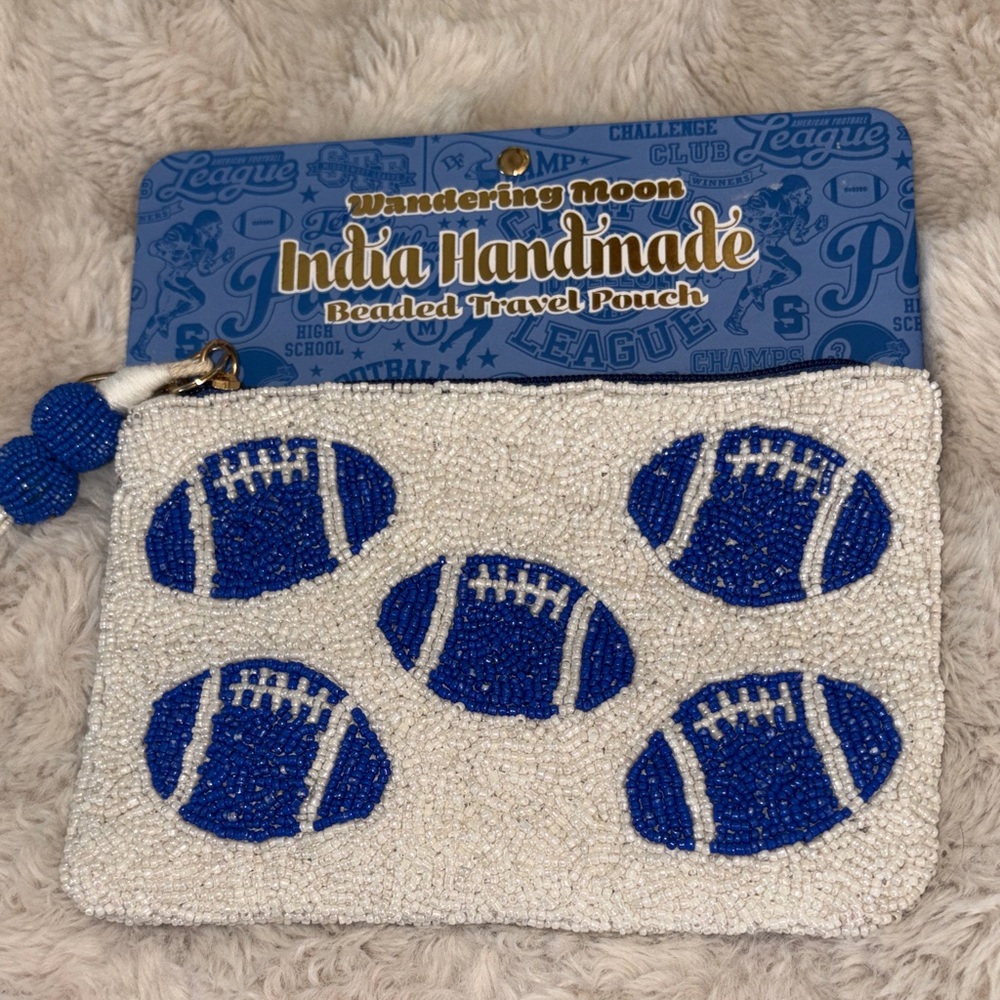 Wandering Moon Blue & White Handmade Beaded Football Travel Pouch